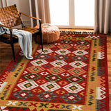 Red traditional kilim rug pattern detail