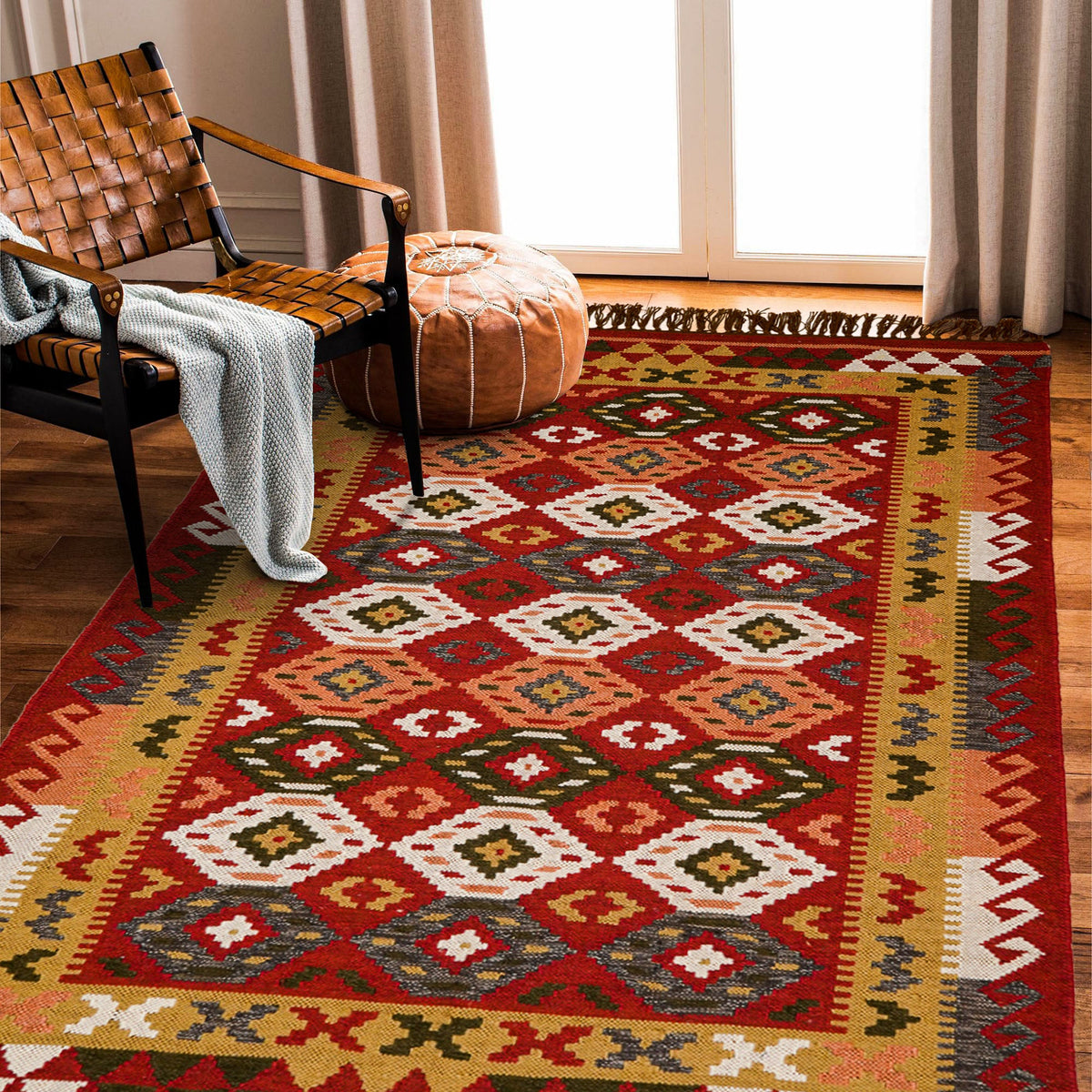 Red traditional kilim rug pattern detail