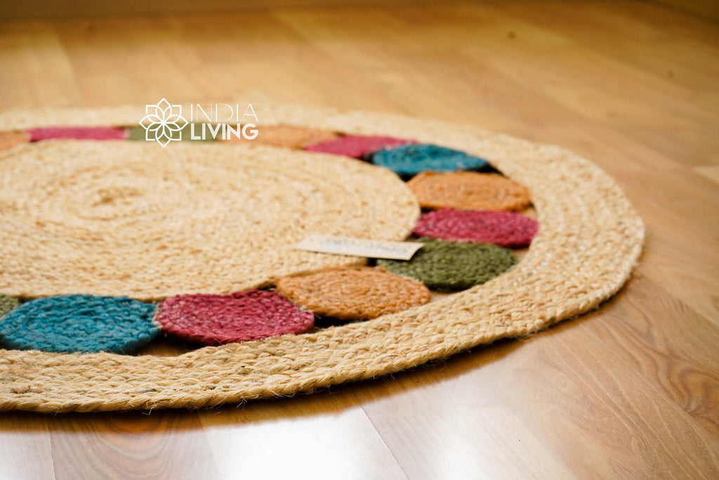 Natural Jute round Rug with Medallions, Braided Boho Rug, Multicolour Boho Jute Placemat, Living room, Eco friendly, Coastal, Sustainable