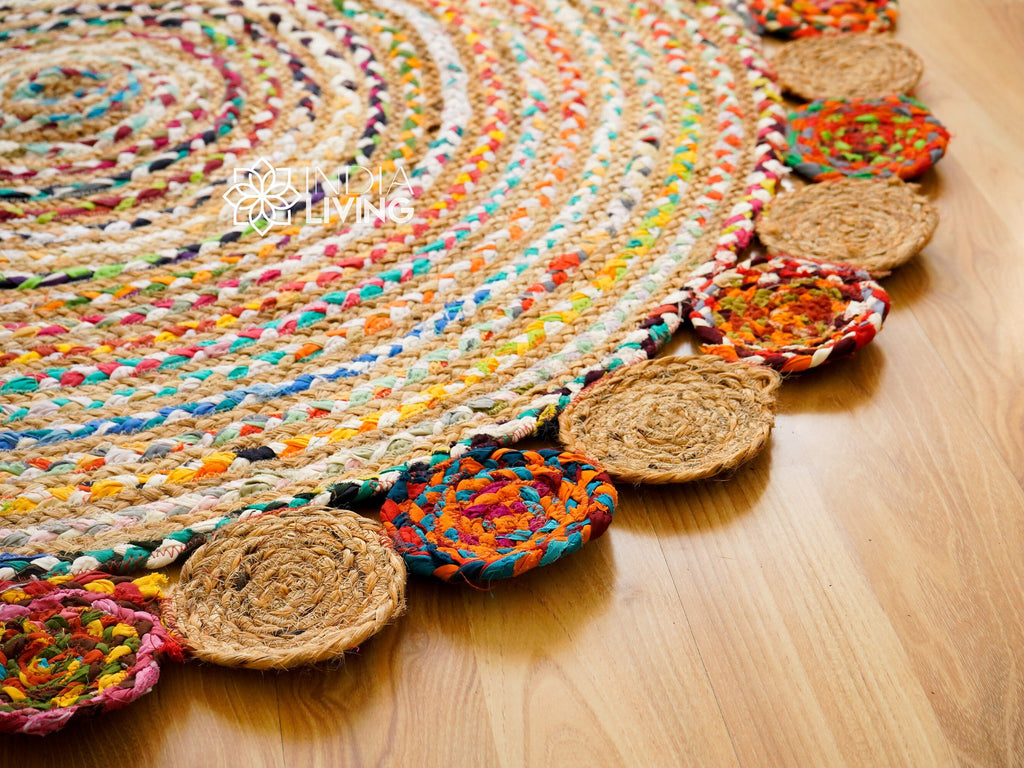 Colourful Chindi Jute Braided Rug, Reversible Floor Mat Round,Multicolour Jute Mat for Living room, Bedroom, Eco friendly, Upcycled