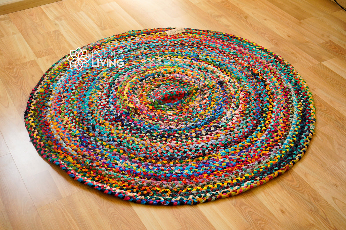 Rainbow chindi rug full top-down view