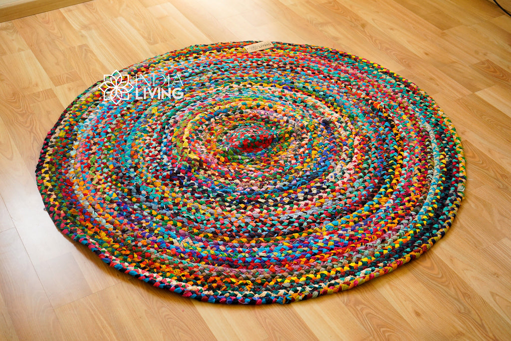 Chindi Braided Round Rag Rug, Rainbow rug, Colourful Boho Mat, Custom made,