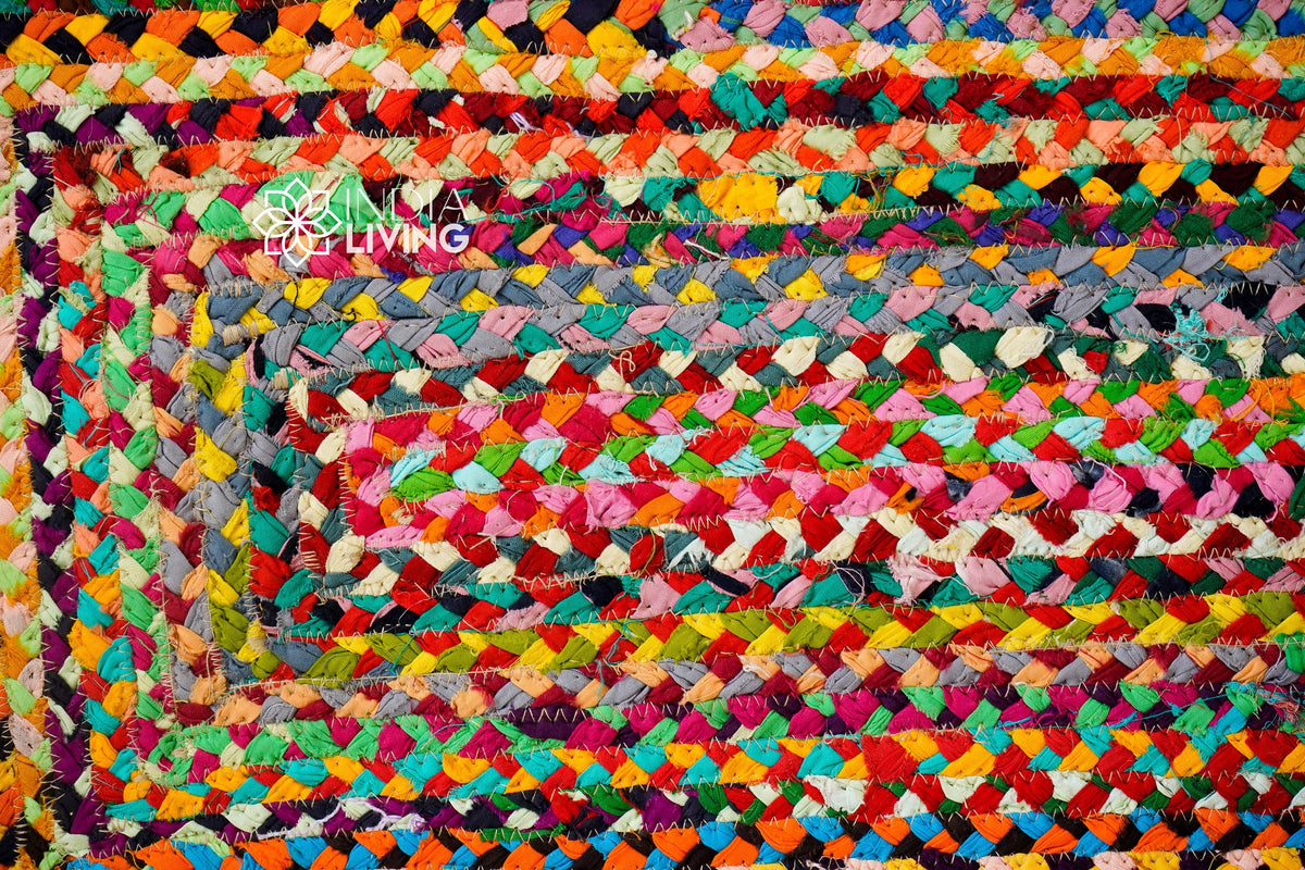 Corner detail of rainbow rag rug edge