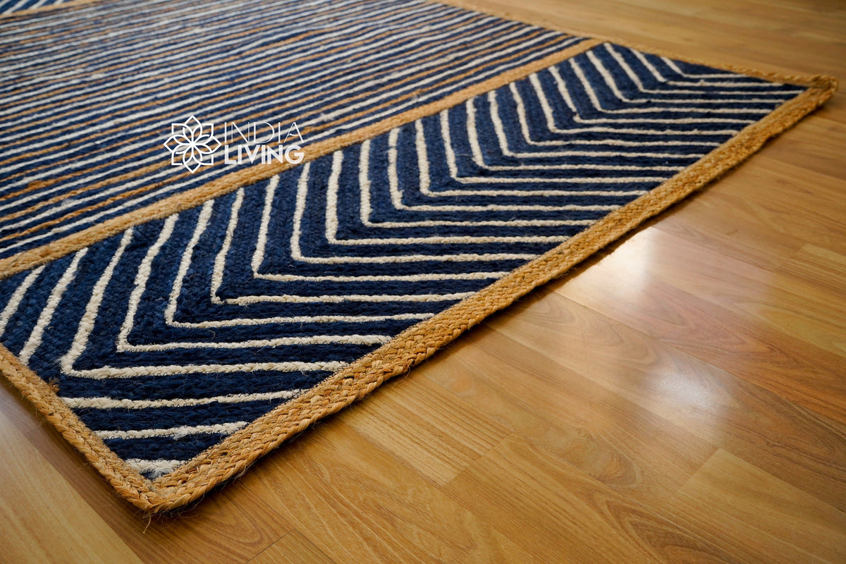 Jute rug corner detail showing blue braid