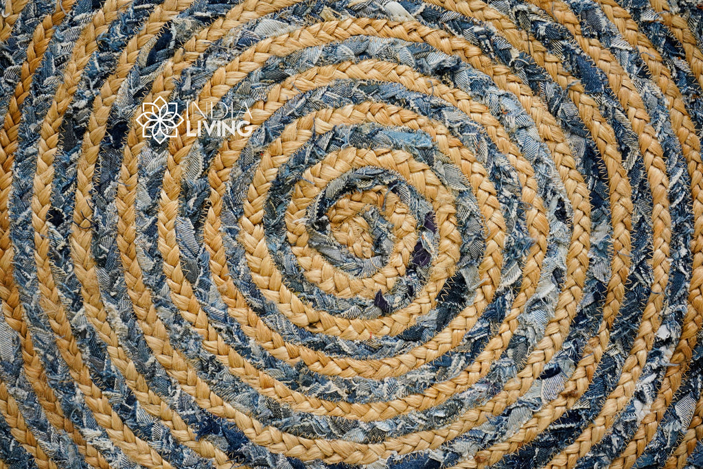 Denim Jute Braided Round Rug,Denim Chindi Rag Rug, Sustainable and Stylish Home Decor - Bohemian concept Rug