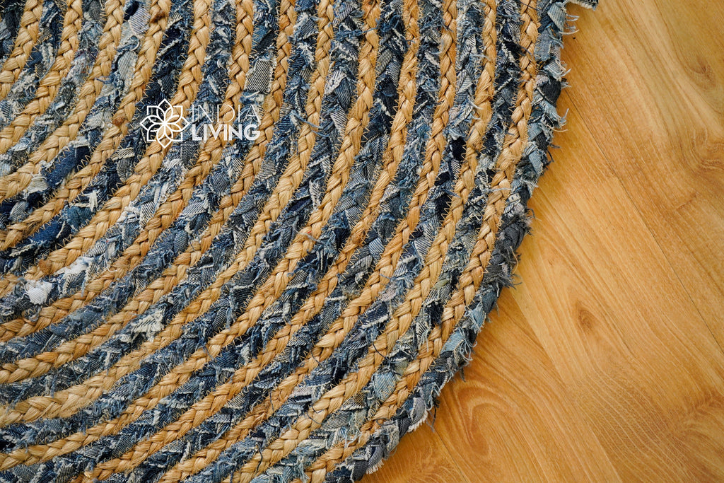 Denim Jute Braided Round Rug,Denim Chindi Rag Rug, Sustainable and Stylish Home Decor - Bohemian concept Rug