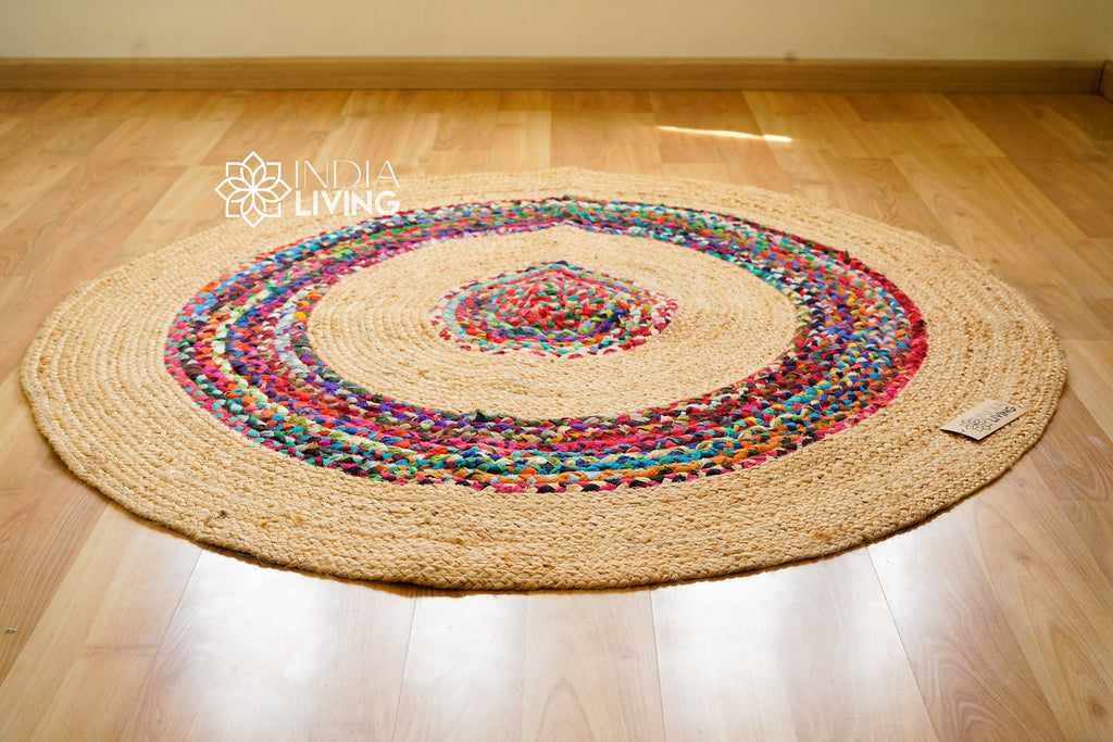 Jute Chindi Braided Round Rag Rug - Handcrafted Sustainable Home Decor with Natural Texture and Colors