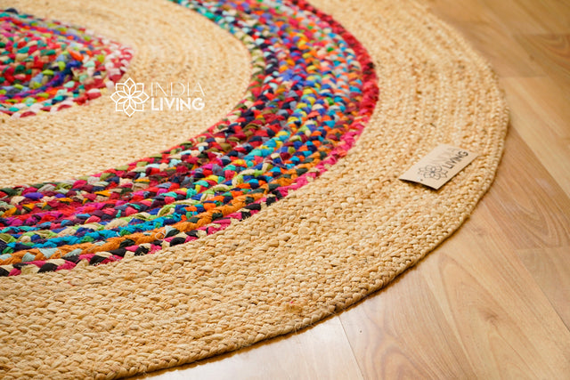Jute chindi braided round rag rug, flat lay view