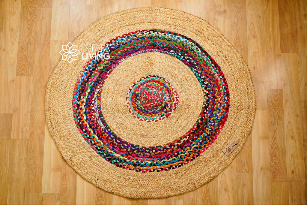 Jute Chindi Braided Round Rag Rug - Handcrafted Sustainable Home Decor with Natural Texture and Colors