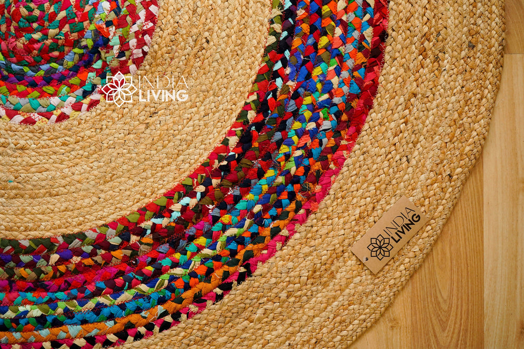 Jute Chindi Braided Round Rag Rug - Handcrafted Sustainable Home Decor with Natural Texture and Colors