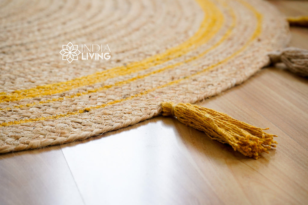 Orange Braided Natural Jute Mat with tassels - Sustainable Round Rug for Living Room, Bedroom and Entryway - Handcrafted Rustic