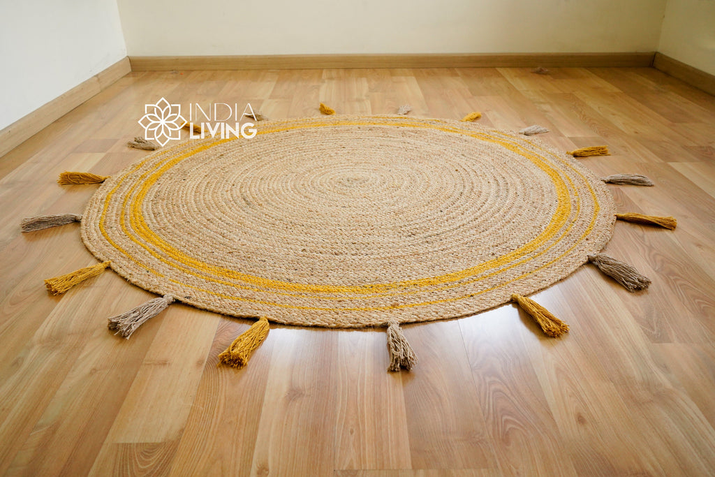 Yellow Braided Natural BOHO Jute Mat with tassels - Sustainable Round Rug for Living Room, Bedroom and Entryway - Handcrafted Rustic