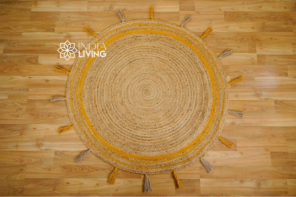 Yellow Braided Natural BOHO Jute Mat with tassels - Sustainable Round Rug for Living Room, Bedroom and Entryway - Handcrafted Rustic