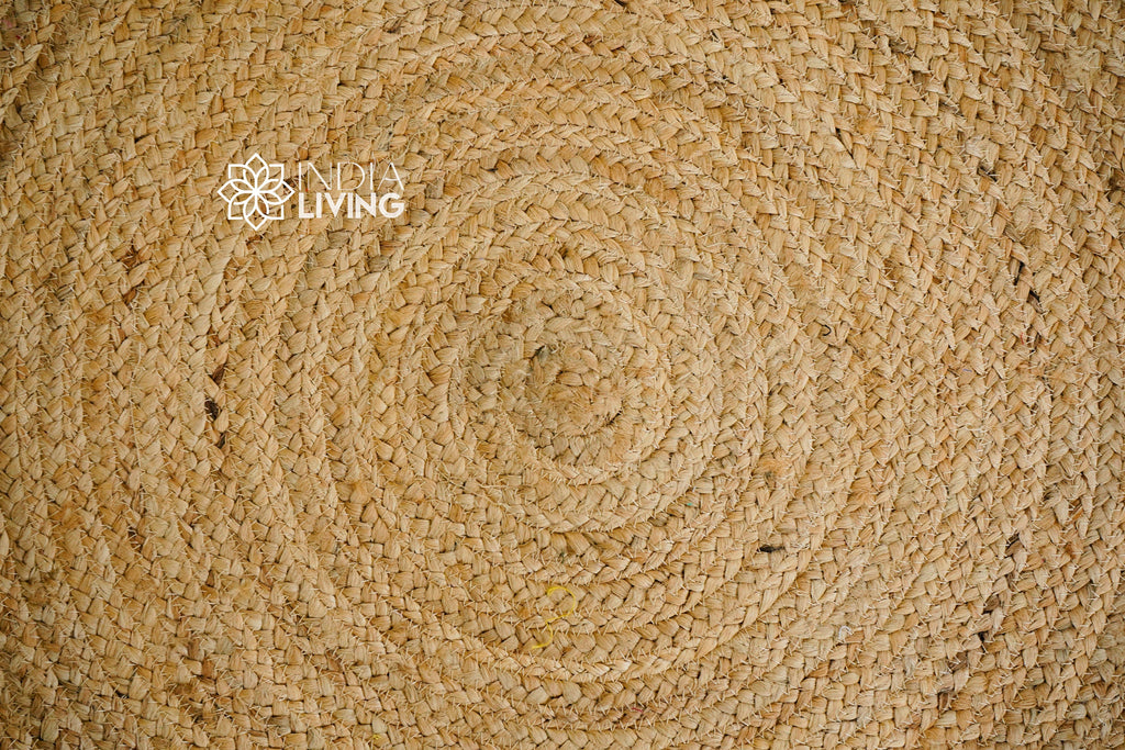 Yellow Braided Natural BOHO Jute Mat with tassels - Sustainable Round Rug for Living Room, Bedroom and Entryway - Handcrafted Rustic