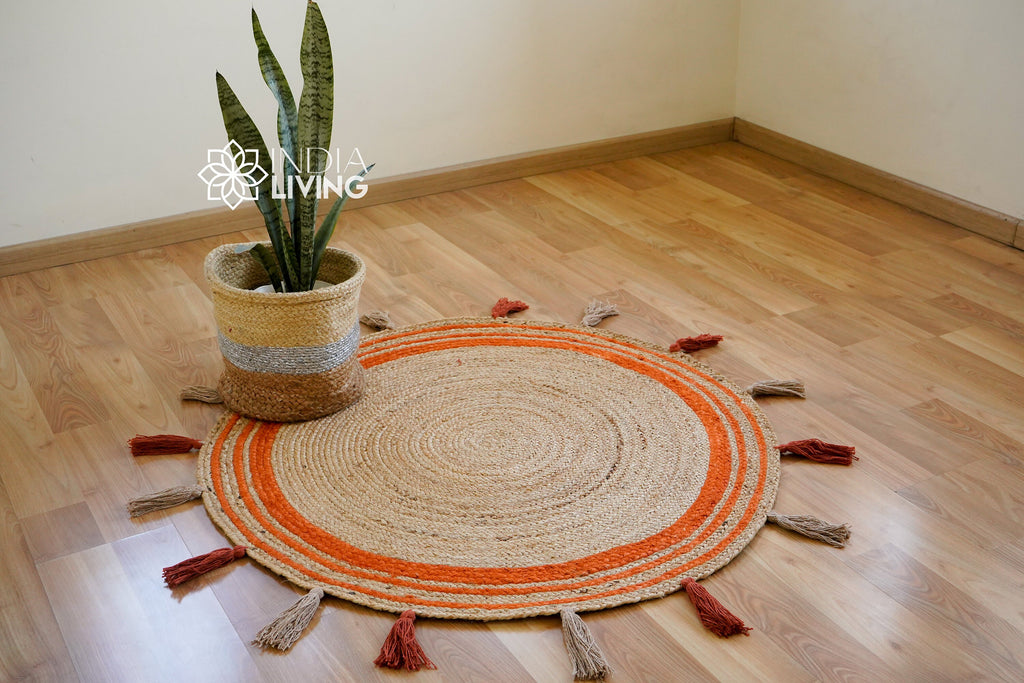 Orange Braided Natural Jute Mat with tassels - Sustainable Round Rug for Living Room, Bedroom and Entryway - Handcrafted Rustic