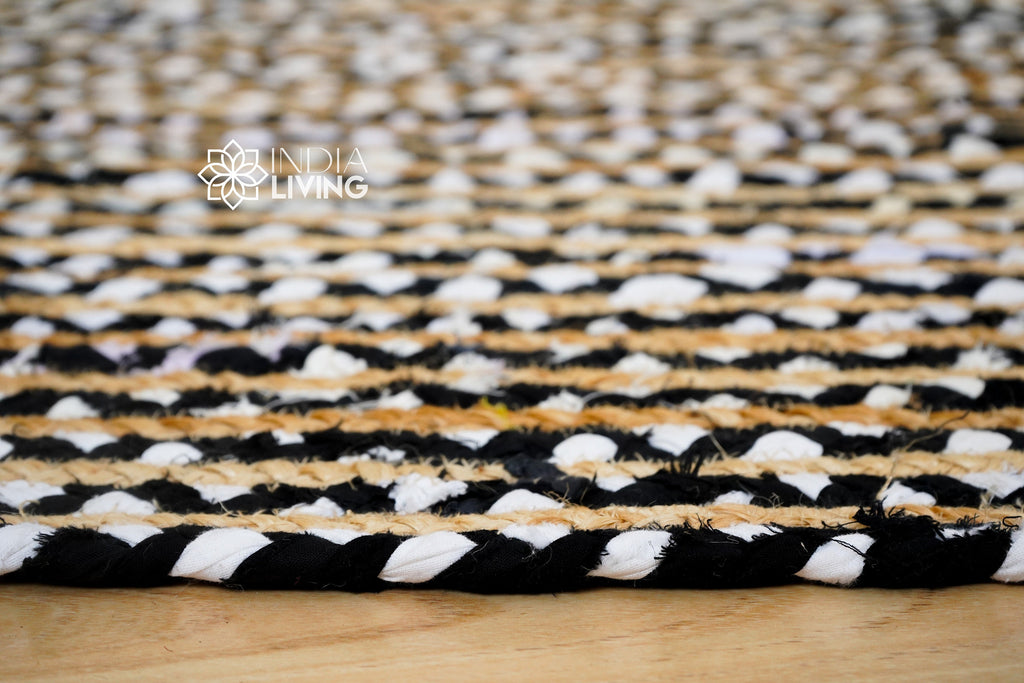 Handmade Black White Striped Jute Rag Braided Rug Eco -Friendly and Durable, Perfect for Rustic Home Decor in Living Room, Bedroom & Kitchen