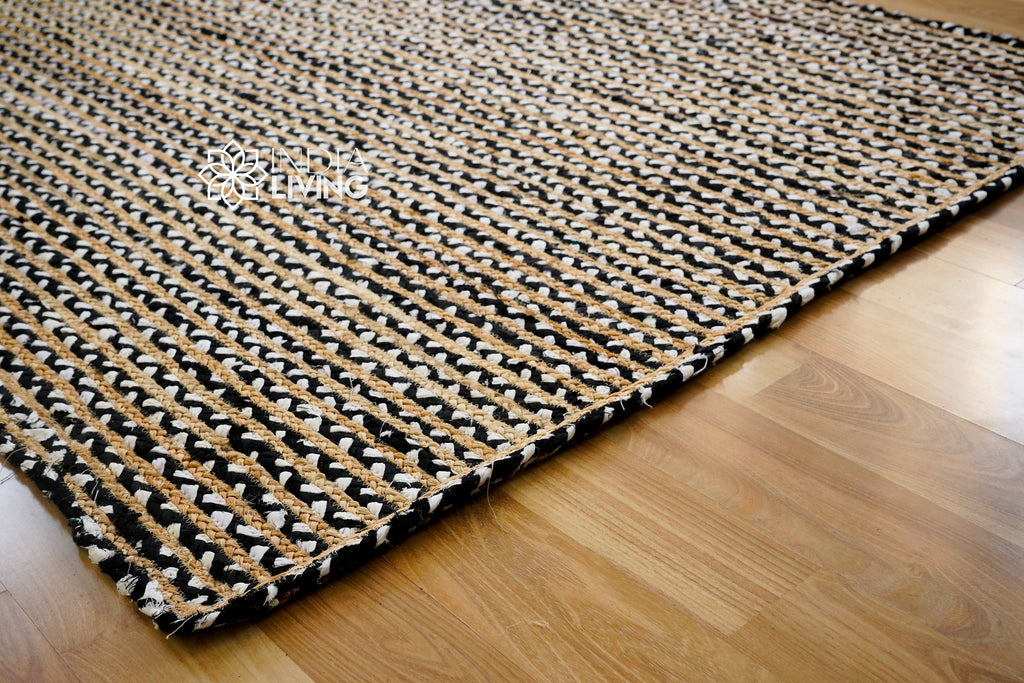 Handmade Black White Striped Jute Rag Braided Rug Eco -Friendly and Durable, Perfect for Rustic Home Decor in Living Room, Bedroom & Kitchen