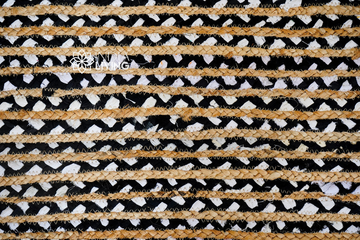 Full flat lay of black white chindi rag rug