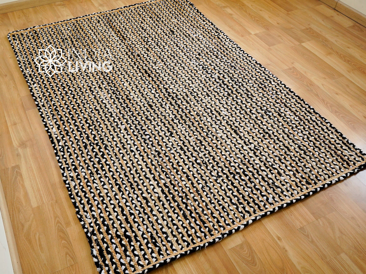 Striped jute rag rug in living room