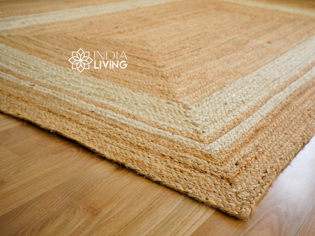 White Bordered Natural Jute Hemp Rug - Handcrafted Eco-Friendly - Rustic Area Rug - Sustainable - Biodegradable 3x5 4x6 5x8 6x9 8x10