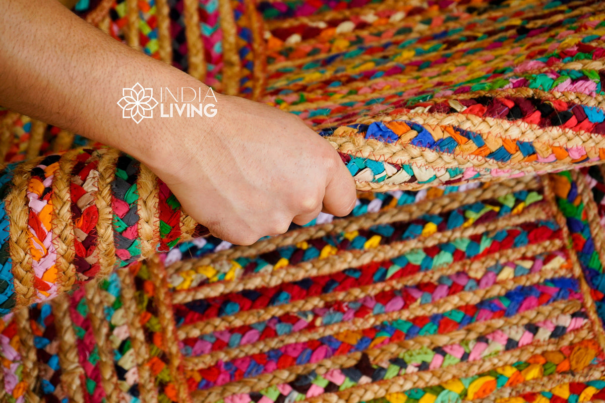 Striped rag rug styled in a living room setting