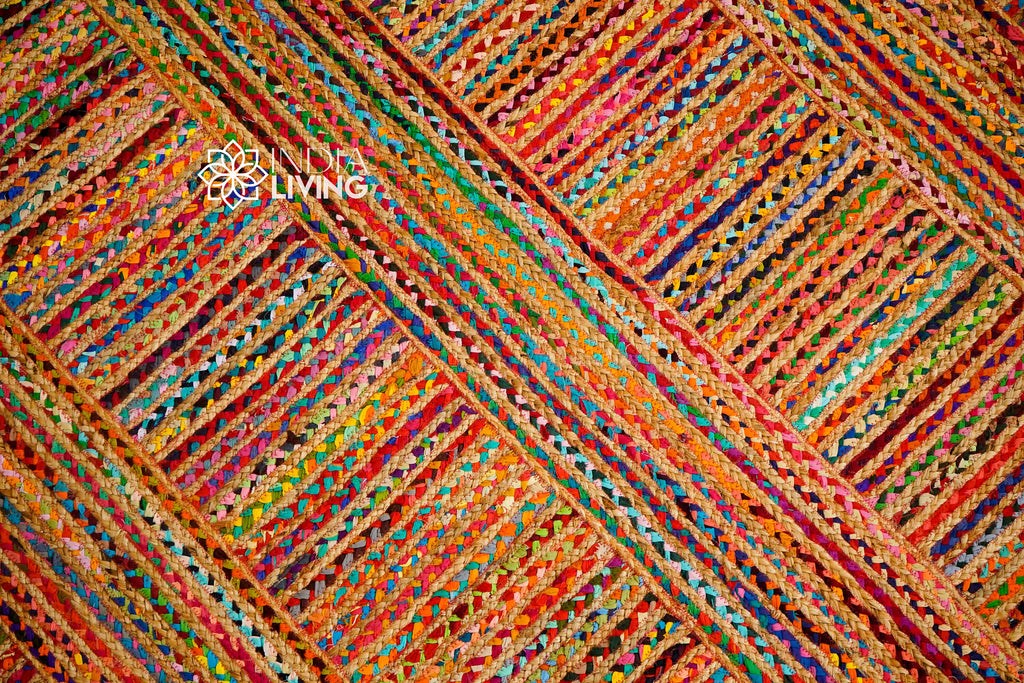 Multi Chindi Striped Jute Rag Rug - Handcrafted Sustainable Home Decor - Natural Texture and vibrant Colors - Custom made Rainbow textured