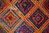 Diamond chindi rug styled with boho home decor