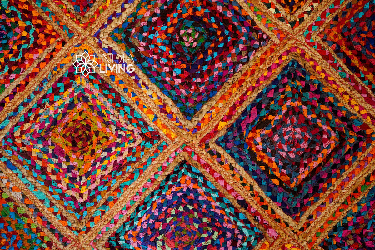 Diamond chindi rug styled with boho home decor