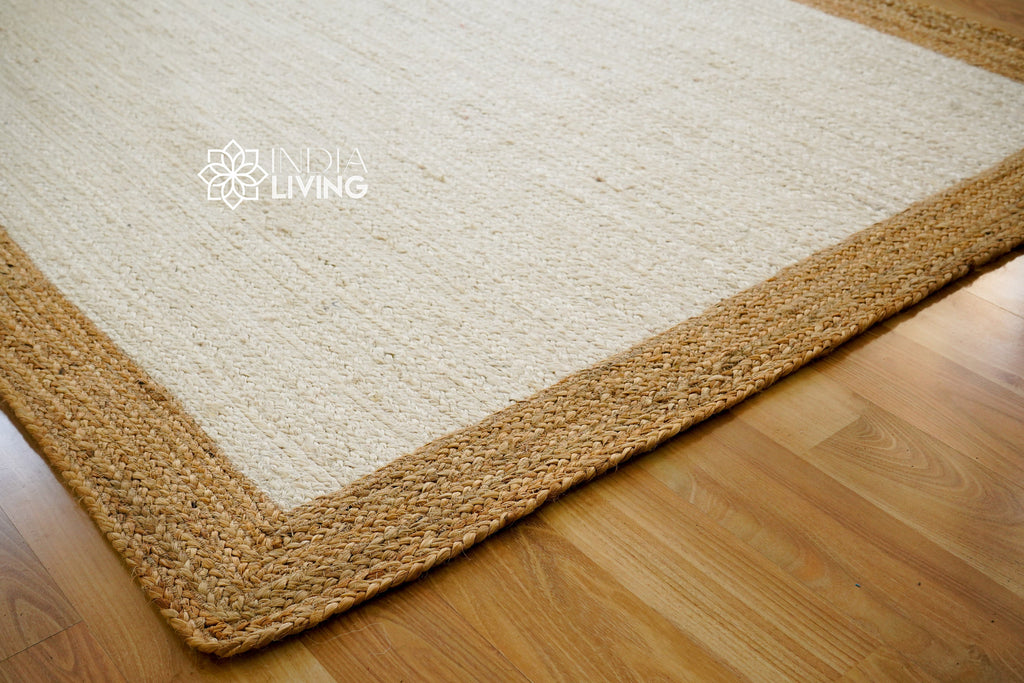 Natural Off-White jute Bordered area rug - Hand braided sustainable pet-friendly decor jute, Custom made in all sizes