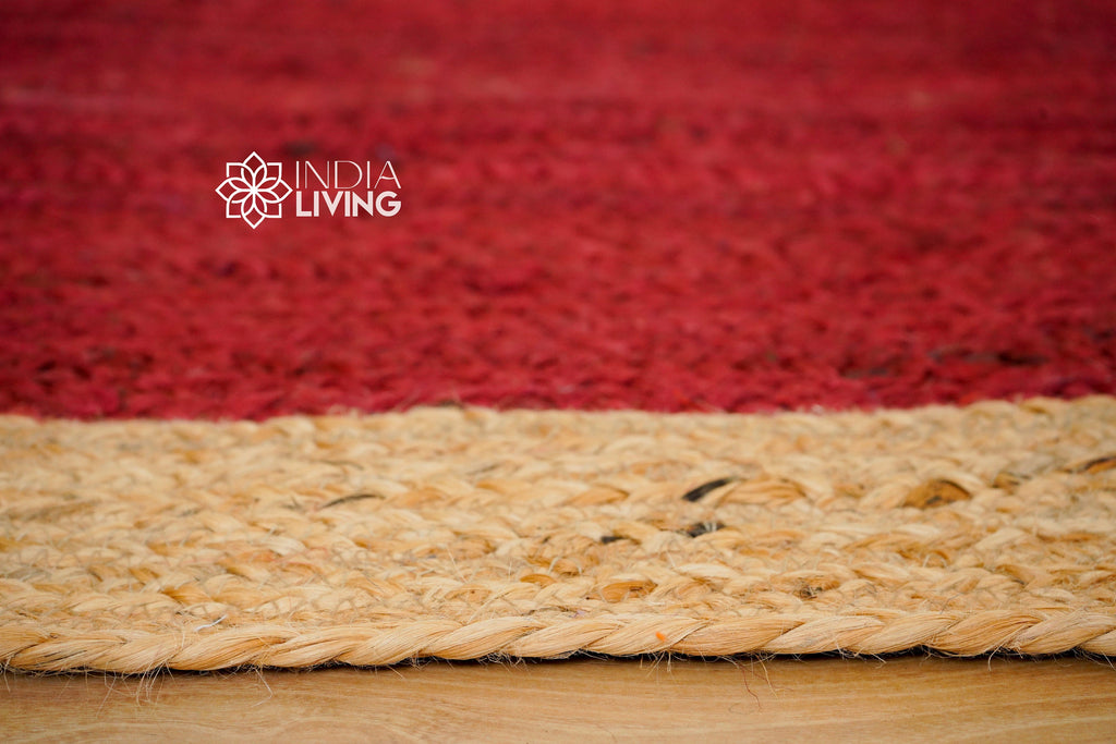 Natural Red jute Bordered area rug - Hand braided sustainable pet-friendly decor jute, Custom made in all sizes