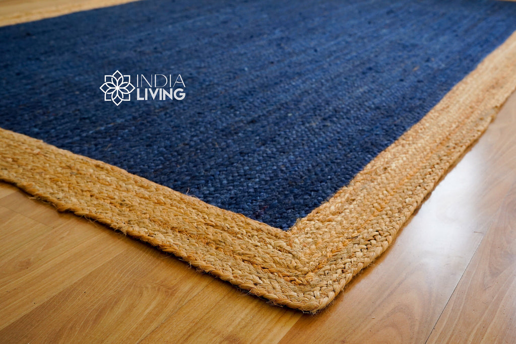 Natural Navy Blue jute Bordered area rug - Hand braided sustainable pet-friendly decor jute, Custom made in all sizes