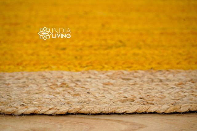 Yellow jute rug styled in a living room setting