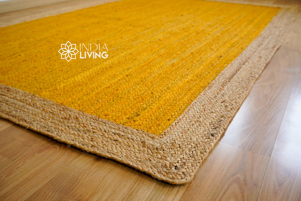 Natural Yellow jute Bordered area rug, Hand braided sustainable pet-friendly decor jute, Custom made in all sizes