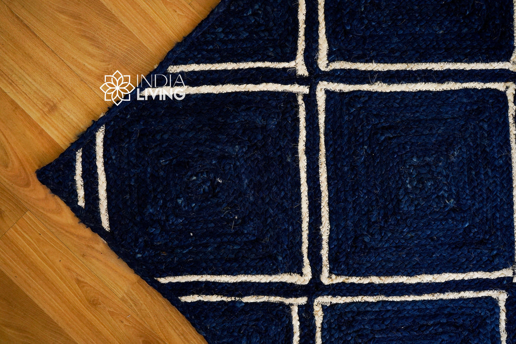 Navy Blue Jute Rug Natural Braided Boho Jute Area Rug, Living room Decorative, Custom made Natural jute rug Bohemian decor, Jute runner rug