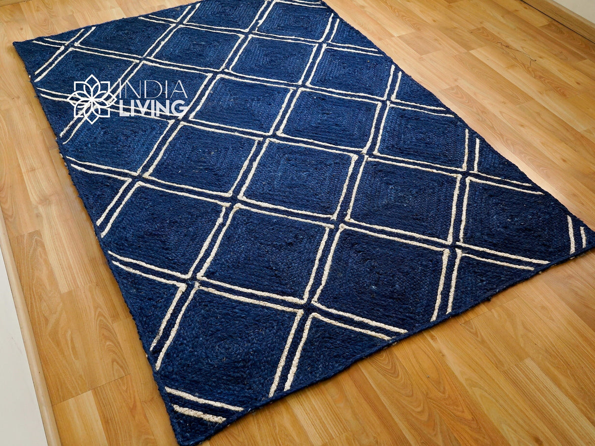 Navy jute rug in a bedroom setting
