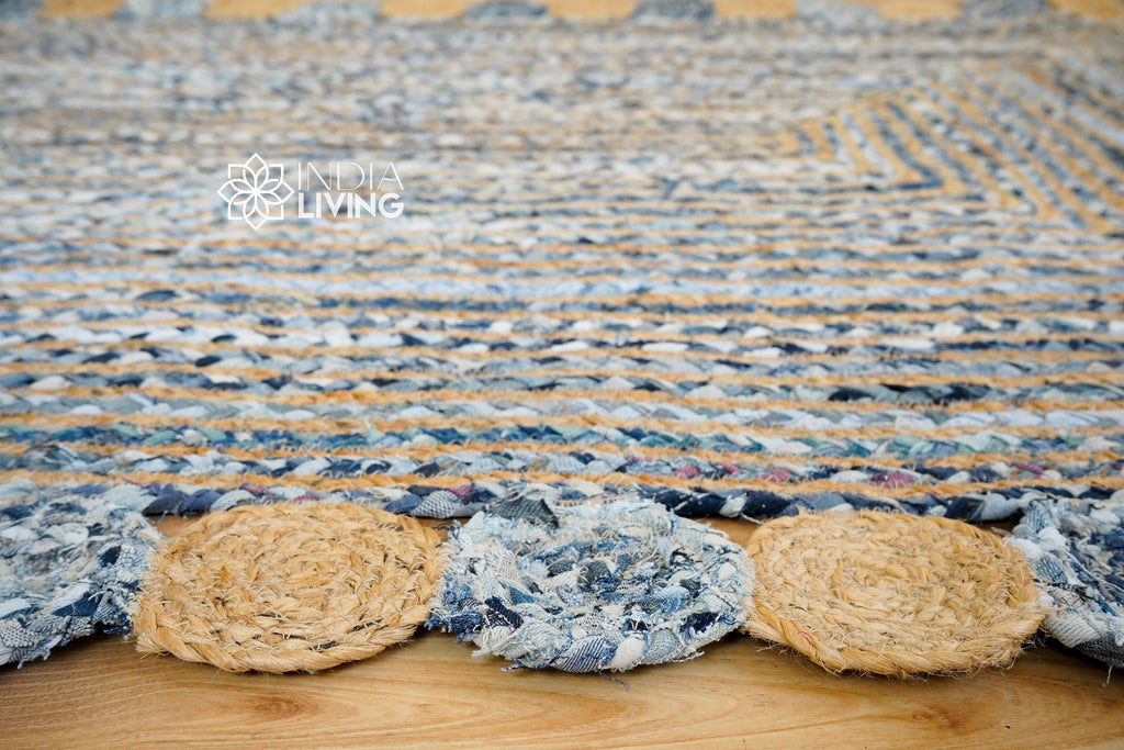 Denim blue Chindi Striped Jute Rag Rug - Sustainable Home Decor - Natural Textured - Custom made 4x6 5x8 6x9 8x10 9x12