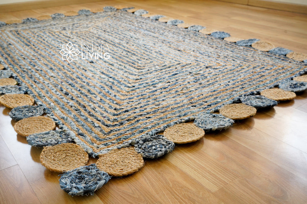 Denim blue Chindi Striped Jute Rag Rug - Sustainable Home Decor - Natural Textured - Custom made 4x6 5x8 6x9 8x10 9x12