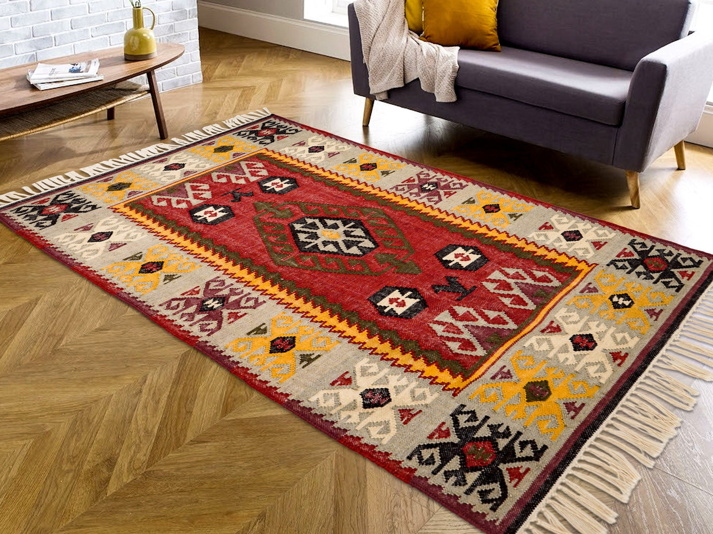 Southwestern geometric kilim rug flat lay full view