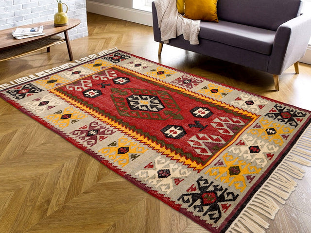Southwestern geometric kilim rug flat lay full view
