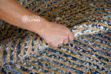 Chindi rug corner detail showing denim strips