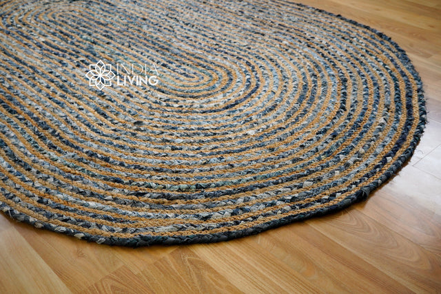 Blue denim chindi jute oval rug flat lay full view