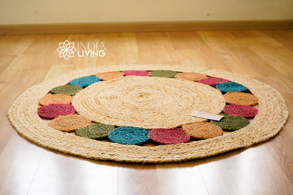 Natural Jute round Rug with Medallions, Braided Boho Rug, Multicolour Boho Jute Placemat, Living room, Eco friendly, Coastal, Sustainable