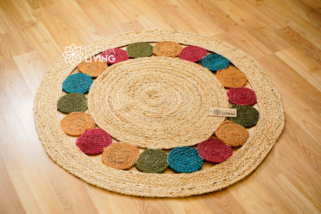 Natural Jute round Rug with Medallions, Braided Boho Rug, Multicolour Boho Jute Placemat, Living room, Eco friendly, Coastal, Sustainable