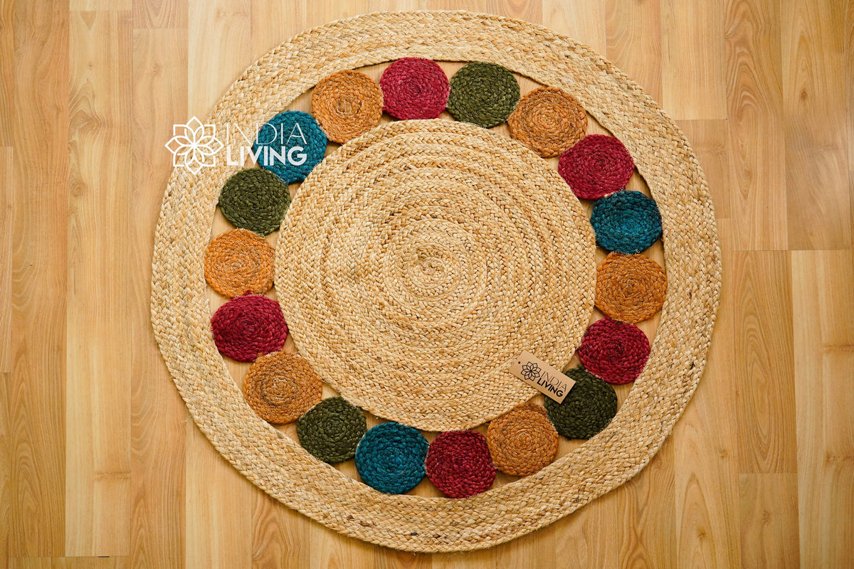 Full top-down view of round jute medallion rug