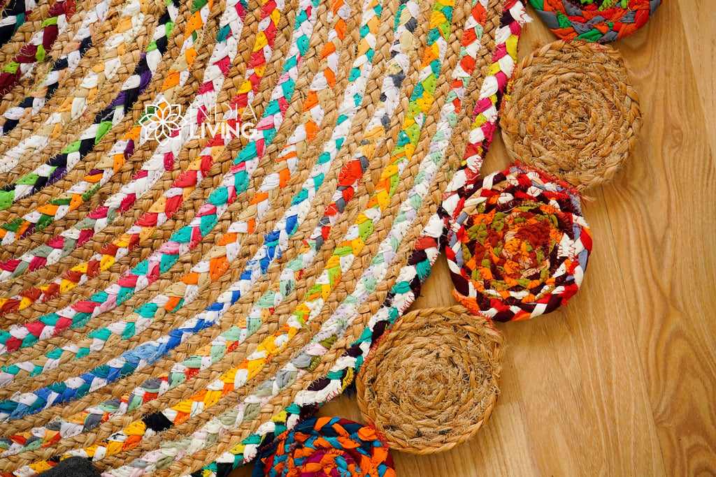 Colourful Chindi Jute Braided Rug, Reversible Floor Mat Round,Multicolour Jute Mat for Living room, Bedroom, Eco friendly, Upcycled