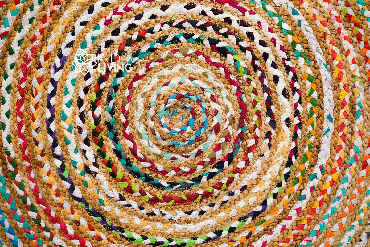 Colourful jute rug placed in a bedroom corner