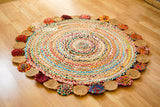 Colourful chindi jute round rug flat view showing braided pattern