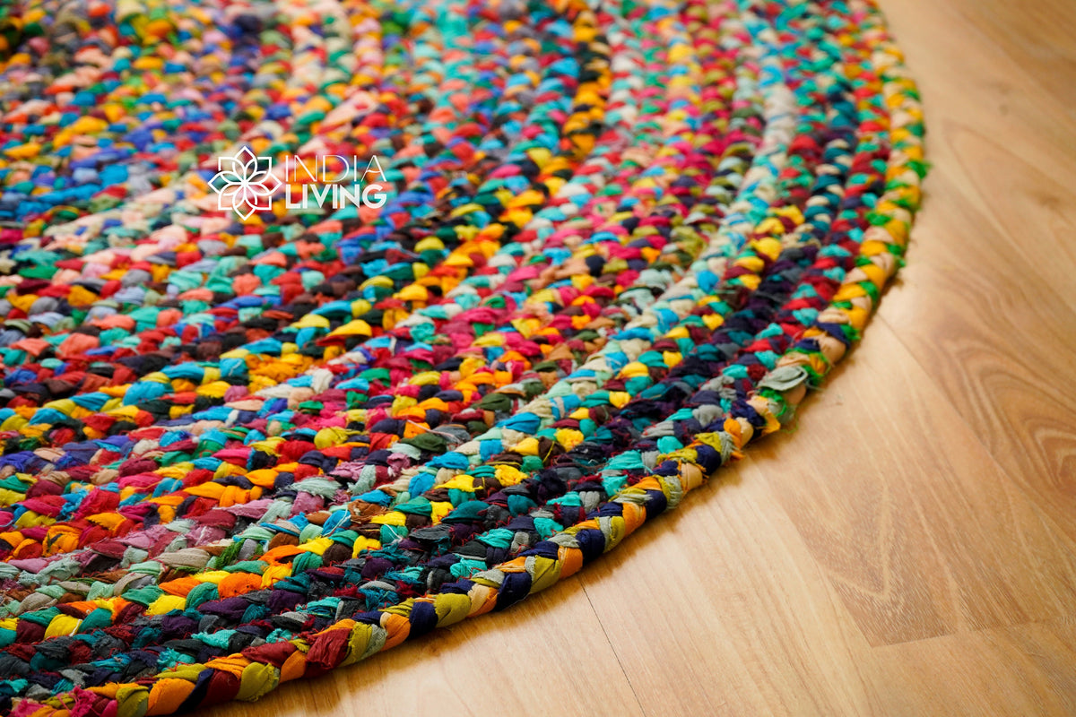 Chindi braided round rag rug, flat lay view