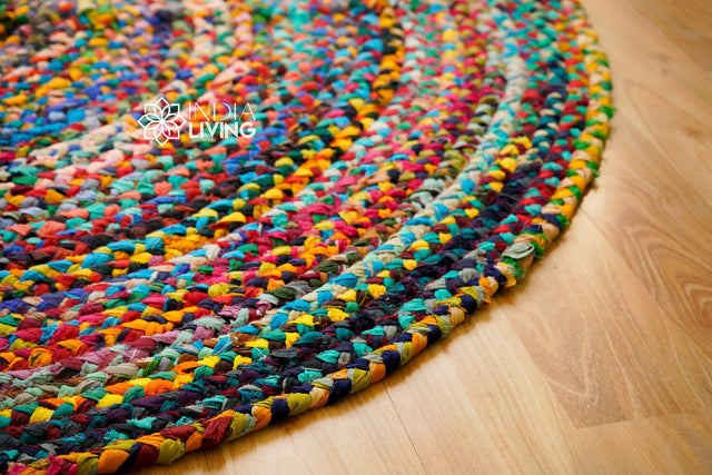 Chindi braided round rag rug, flat lay view