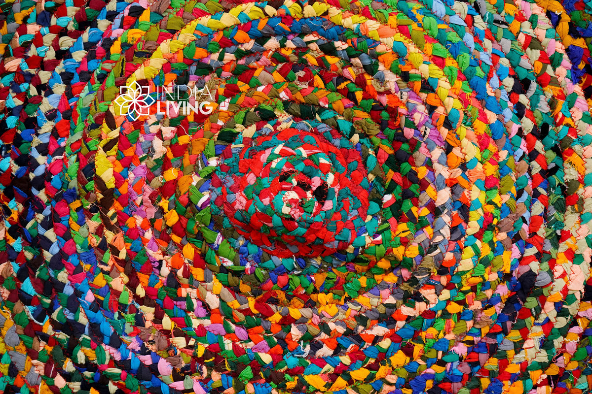 Round boho rag rug in an entryway setting
